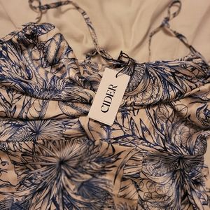 Tropical Shirred Slit Cowl Neck Midi Dress